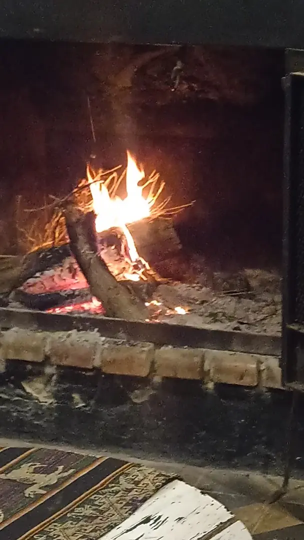 El hogar encendido, con leños y un sillón cerca.